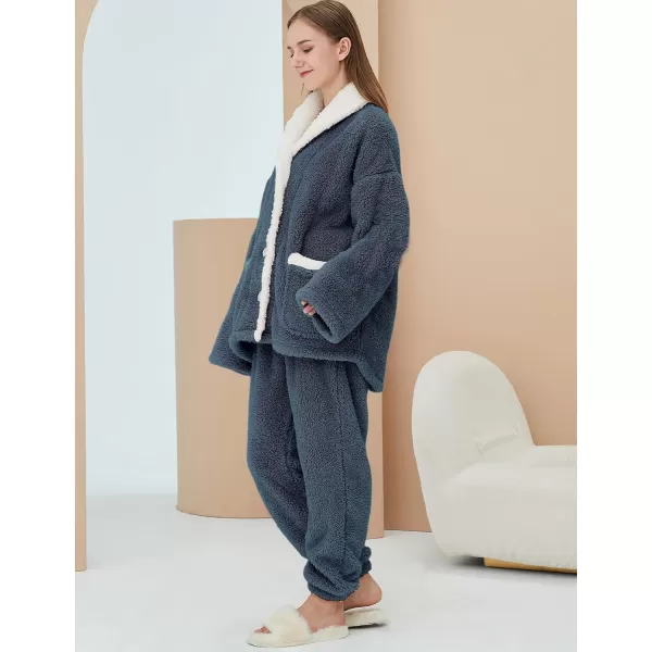 Gihuo Women' s Fluffy Pajamas Set Fleece Pullover Pants Loose Plush Sleepwear 2 Piece Pjs Set Warm Loungewear Fuzzy