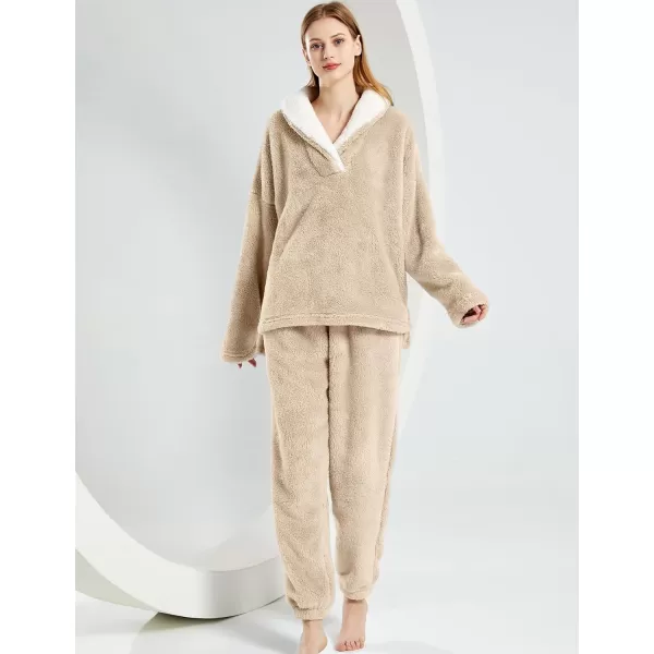 Gihuo Women' s Fluffy Pajamas Set Fleece Pullover Pants Loose Plush Sleepwear 2 Piece Pjs Set Warm Loungewear Fuzzy