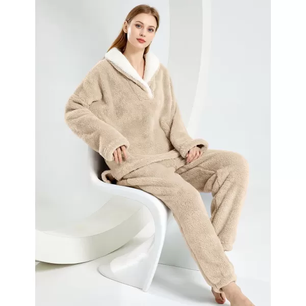 Gihuo Women' s Fluffy Pajamas Set Fleece Pullover Pants Loose Plush Sleepwear 2 Piece Pjs Set Warm Loungewear Fuzzy