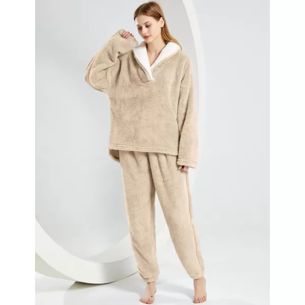 Gihuo Women' s Fluffy Pajamas Set Fleece Pullover Pants Loose Plush Sleepwear 2 Piece Pjs Set Warm Loungewear Fuzzy