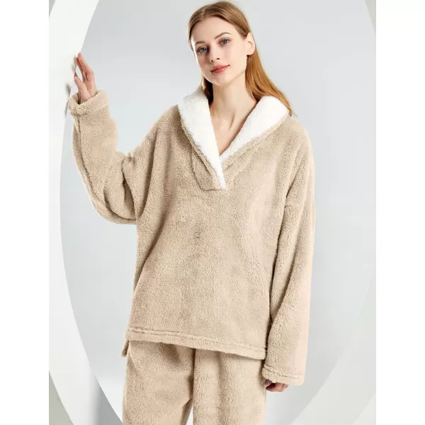Gihuo Women' s Fluffy Pajamas Set Fleece Pullover Pants Loose Plush Sleepwear 2 Piece Pjs Set Warm Loungewear Fuzzy