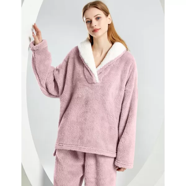 Gihuo Women' s Fluffy Pajamas Set Fleece Pullover Pants Loose Plush Sleepwear 2 Piece Pjs Set Warm Loungewear Fuzzy