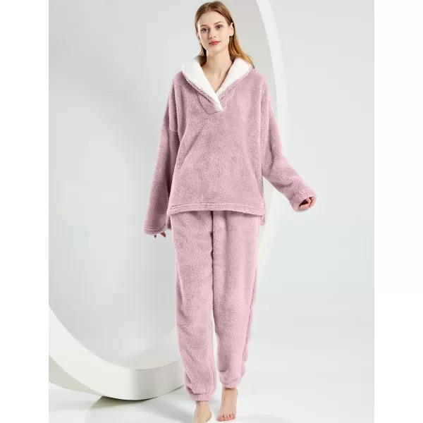 Gihuo Women' s Fluffy Pajamas Set Fleece Pullover Pants Loose Plush Sleepwear 2 Piece Pjs Set Warm Loungewear Fuzzy