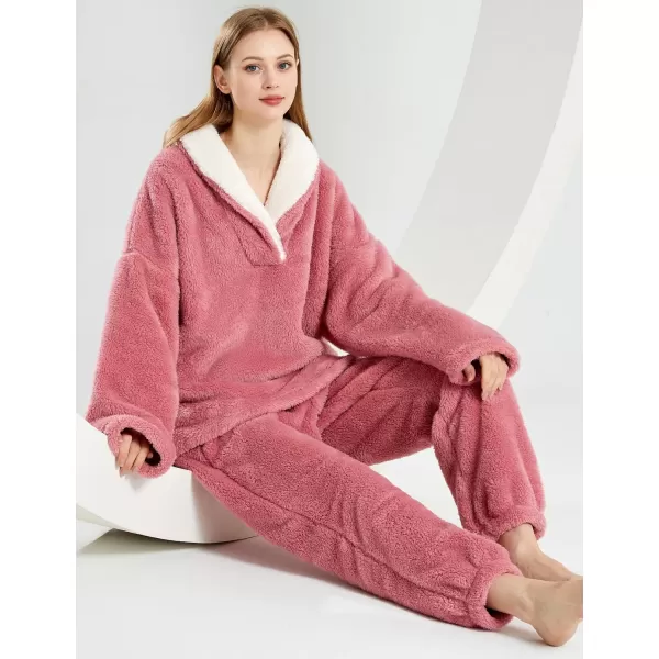 Gihuo Women' s Fluffy Pajamas Set Fleece Pullover Pants Loose Plush Sleepwear 2 Piece Pjs Set Warm Loungewear Fuzzy