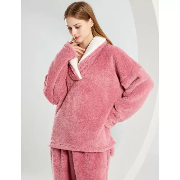 Gihuo Women' s Fluffy Pajamas Set Fleece Pullover Pants Loose Plush Sleepwear 2 Piece Pjs Set Warm Loungewear Fuzzy