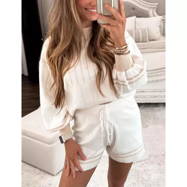 Gihuo Women' s Striped 2 Piece Outfits Crewneck Knit Pullover Sweater Shorts Set Wide Leg Matching Set Loungewear