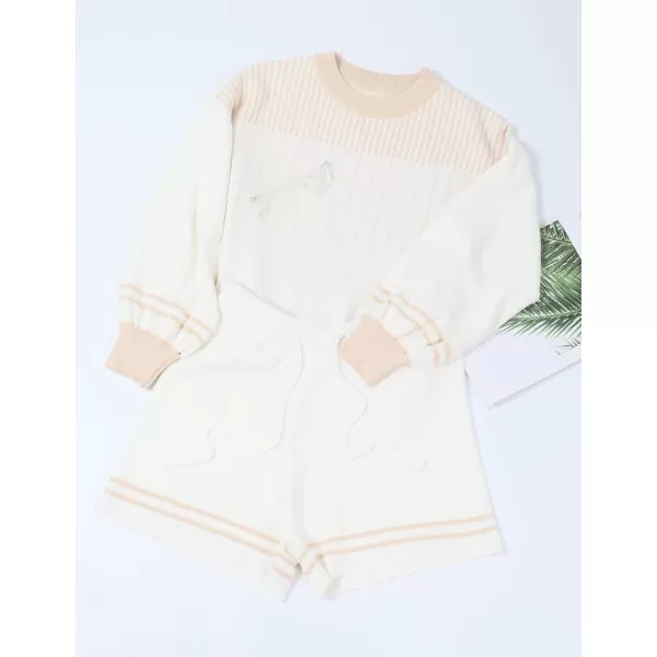 Gihuo Women' s Striped 2 Piece Outfits Crewneck Knit Pullover Sweater Shorts Set Wide Leg Matching Set Loungewear