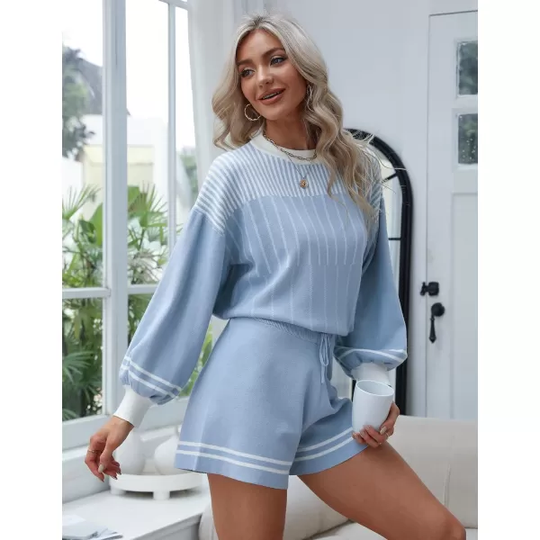 Gihuo Women' s Striped 2 Piece Outfits Crewneck Knit Pullover Sweater Shorts Set Wide Leg Matching Set Loungewear
