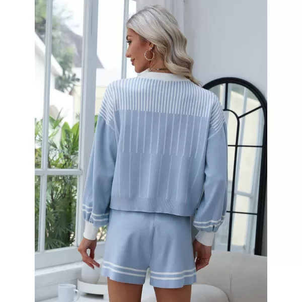 Gihuo Women' s Striped 2 Piece Outfits Crewneck Knit Pullover Sweater Shorts Set Wide Leg Matching Set Loungewear
