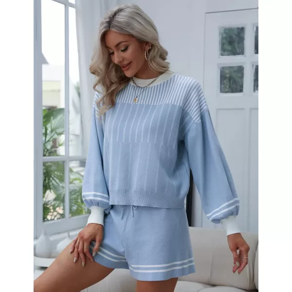 Gihuo Women' s Striped 2 Piece Outfits Crewneck Knit Pullover Sweater Shorts Set Wide Leg Matching Set Loungewear