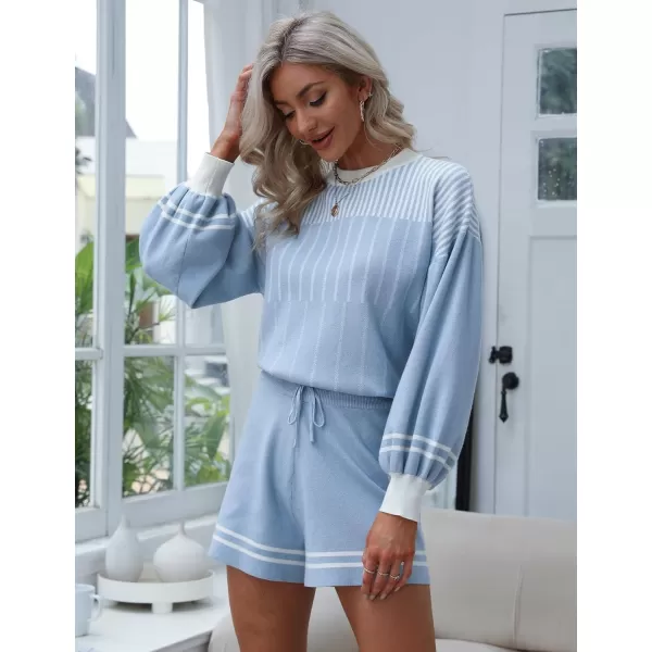 Gihuo Women' s Striped 2 Piece Outfits Crewneck Knit Pullover Sweater Shorts Set Wide Leg Matching Set Loungewear