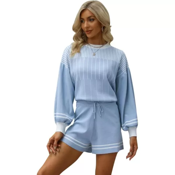 Gihuo Women' s Striped 2 Piece Outfits Crewneck Knit Pullover Sweater Shorts Set Wide Leg Matching Set Loungewear