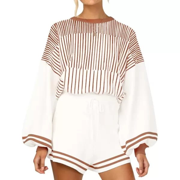 Gihuo Women' s Striped 2 Piece Outfits Crewneck Knit Pullover Sweater Shorts Set Wide Leg Matching Set Loungewear