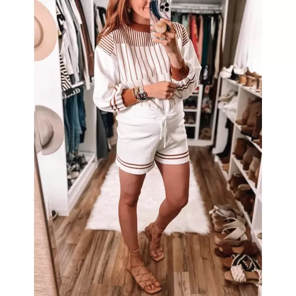 Gihuo Women' s Striped 2 Piece Outfits Crewneck Knit Pullover Sweater Shorts Set Wide Leg Matching Set Loungewear
