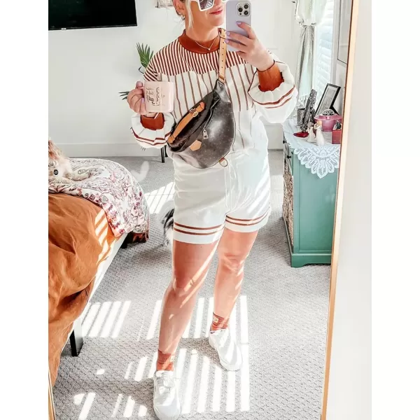 Gihuo Women' s Striped 2 Piece Outfits Crewneck Knit Pullover Sweater Shorts Set Wide Leg Matching Set Loungewear