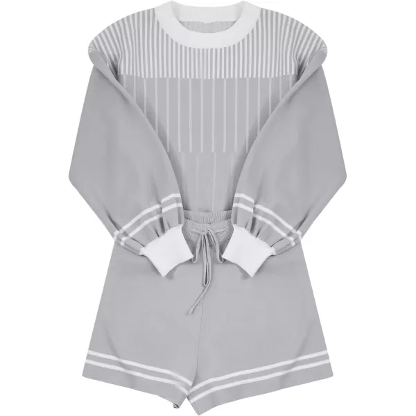Gihuo Women' s Striped 2 Piece Outfits Crewneck Knit Pullover Sweater Shorts Set Wide Leg Matching Set Loungewear