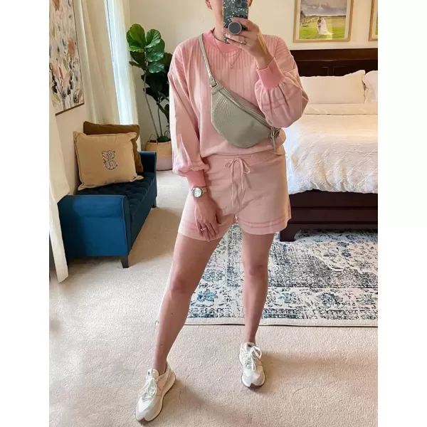 Gihuo Women' s Striped 2 Piece Outfits Crewneck Knit Pullover Sweater Shorts Set Wide Leg Matching Set Loungewear