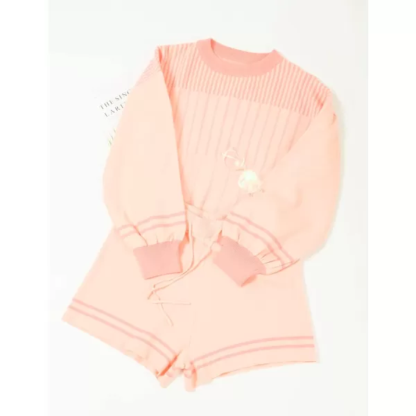 Gihuo Women' s Striped 2 Piece Outfits Crewneck Knit Pullover Sweater Shorts Set Wide Leg Matching Set Loungewear