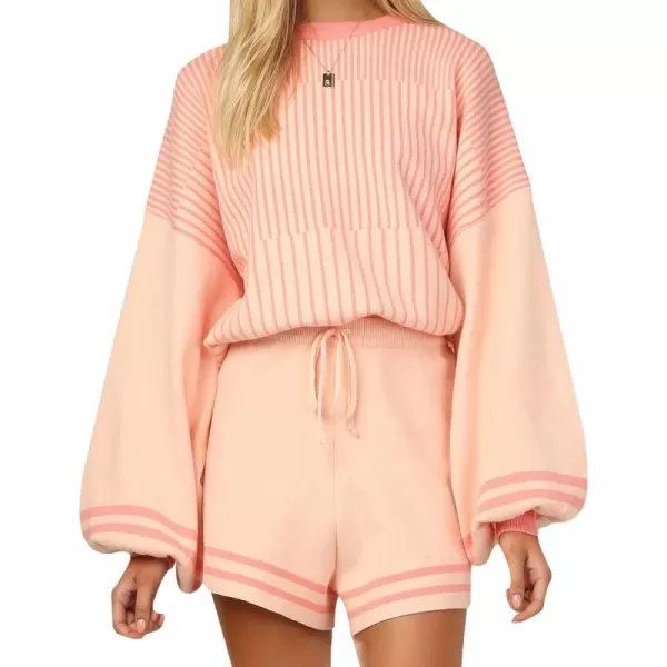 Gihuo Women' s Striped 2 Piece Outfits Crewneck Knit Pullover Sweater Shorts Set Wide Leg Matching Set Loungewear