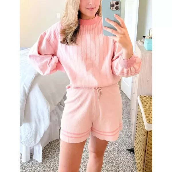 Gihuo Women' s Striped 2 Piece Outfits Crewneck Knit Pullover Sweater Shorts Set Wide Leg Matching Set Loungewear