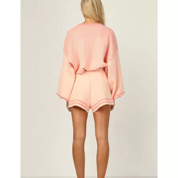 Gihuo Women' s Striped 2 Piece Outfits Crewneck Knit Pullover Sweater Shorts Set Wide Leg Matching Set Loungewear