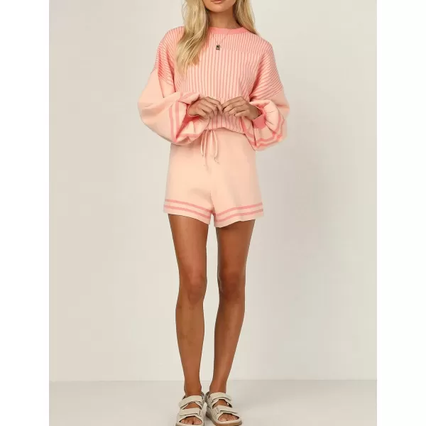 Gihuo Women' s Striped 2 Piece Outfits Crewneck Knit Pullover Sweater Shorts Set Wide Leg Matching Set Loungewear