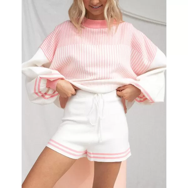 Gihuo Women' s Striped 2 Piece Outfits Crewneck Knit Pullover Sweater Shorts Set Wide Leg Matching Set Loungewear