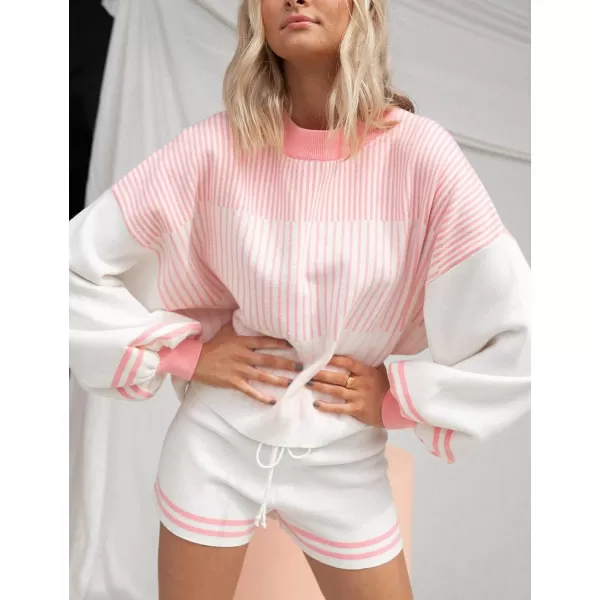Gihuo Women' s Striped 2 Piece Outfits Crewneck Knit Pullover Sweater Shorts Set Wide Leg Matching Set Loungewear