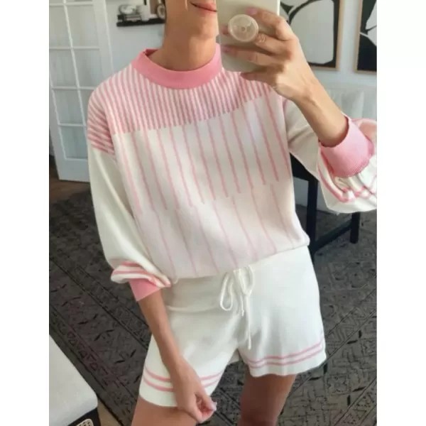 Gihuo Women' s Striped 2 Piece Outfits Crewneck Knit Pullover Sweater Shorts Set Wide Leg Matching Set Loungewear