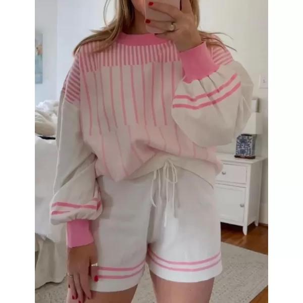 Gihuo Women' s Striped 2 Piece Outfits Crewneck Knit Pullover Sweater Shorts Set Wide Leg Matching Set Loungewear