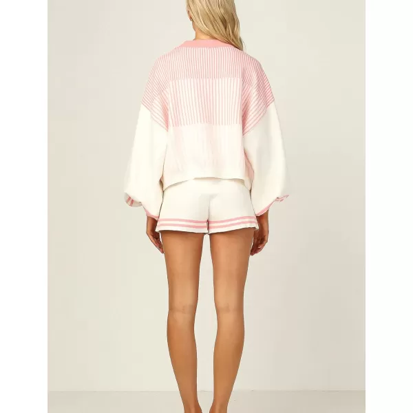 Gihuo Women' s Striped 2 Piece Outfits Crewneck Knit Pullover Sweater Shorts Set Wide Leg Matching Set Loungewear