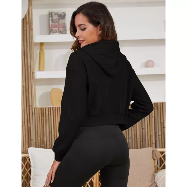 Gihuo Women’ s Waffle Knit Hoodie Long Sleeve Cropped Hooded Sweatshirts Zip Up Fashion Jacket with Kanga Pocket
