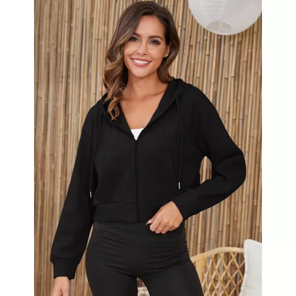 Gihuo Women’ s Waffle Knit Hoodie Long Sleeve Cropped Hooded Sweatshirts Zip Up Fashion Jacket with Kanga Pocket