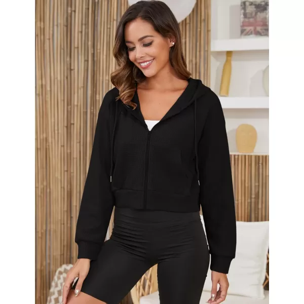 Gihuo Women’ s Waffle Knit Hoodie Long Sleeve Cropped Hooded Sweatshirts Zip Up Fashion Jacket with Kanga Pocket