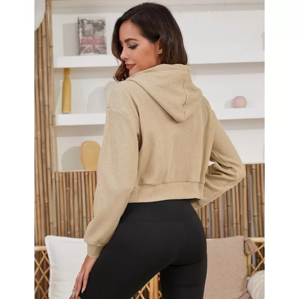 Gihuo Women’ s Waffle Knit Hoodie Long Sleeve Cropped Hooded Sweatshirts Zip Up Fashion Jacket with Kanga Pocket
