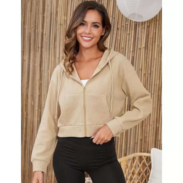 Gihuo Women’ s Waffle Knit Hoodie Long Sleeve Cropped Hooded Sweatshirts Zip Up Fashion Jacket with Kanga Pocket