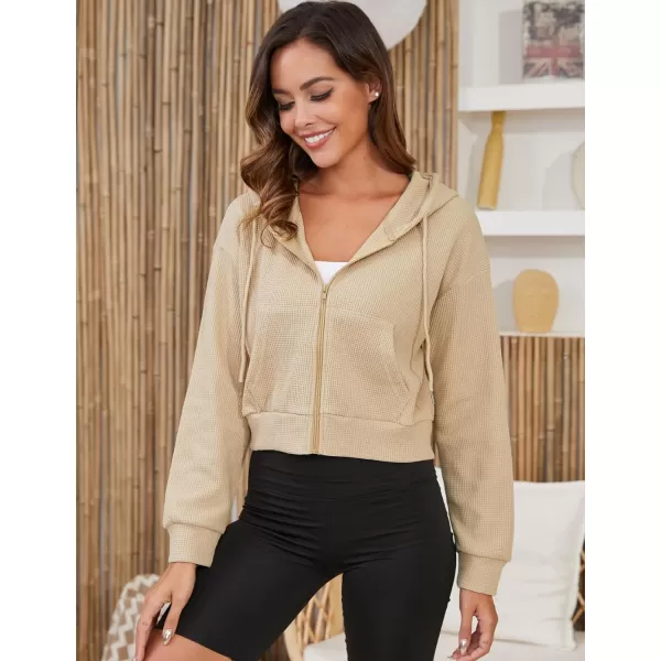 Gihuo Women’ s Waffle Knit Hoodie Long Sleeve Cropped Hooded Sweatshirts Zip Up Fashion Jacket with Kanga Pocket