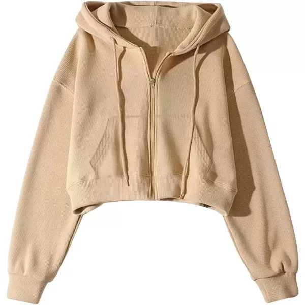 Gihuo Women’ s Waffle Knit Hoodie Long Sleeve Cropped Hooded Sweatshirts Zip Up Fashion Jacket with Kanga Pocket