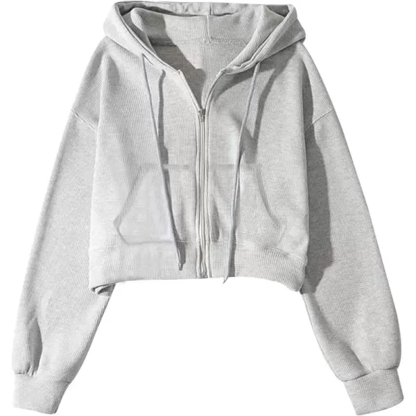 Gihuo Women’ s Waffle Knit Hoodie Long Sleeve Cropped Hooded Sweatshirts Zip Up Fashion Jacket with Kanga Pocket