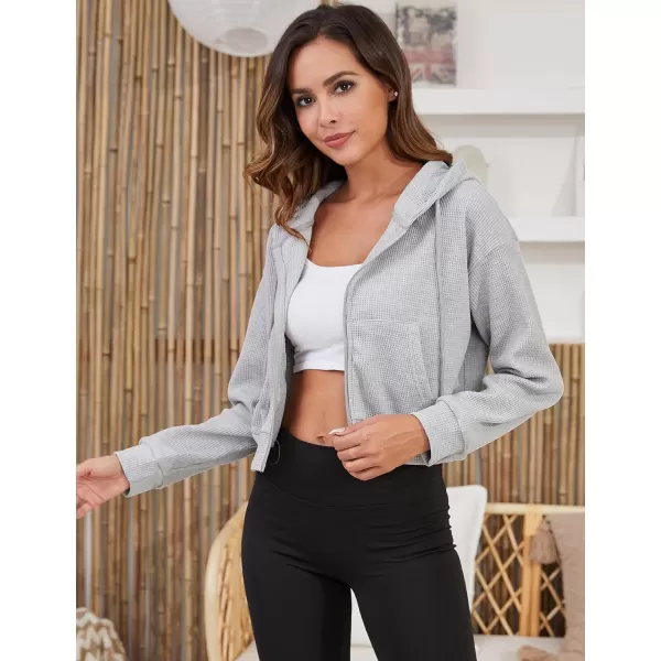 Gihuo Women’ s Waffle Knit Hoodie Long Sleeve Cropped Hooded Sweatshirts Zip Up Fashion Jacket with Kanga Pocket