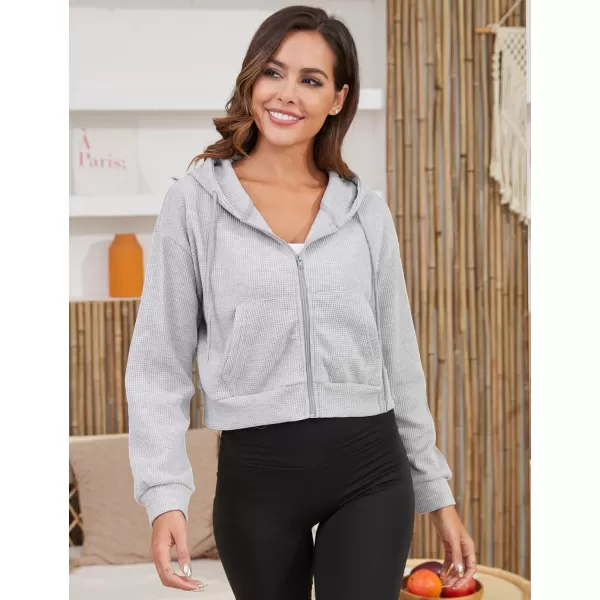 Gihuo Women’ s Waffle Knit Hoodie Long Sleeve Cropped Hooded Sweatshirts Zip Up Fashion Jacket with Kanga Pocket