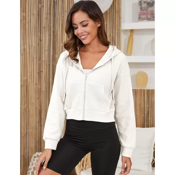 Gihuo Women’ s Waffle Knit Hoodie Long Sleeve Cropped Hooded Sweatshirts Zip Up Fashion Jacket with Kanga Pocket