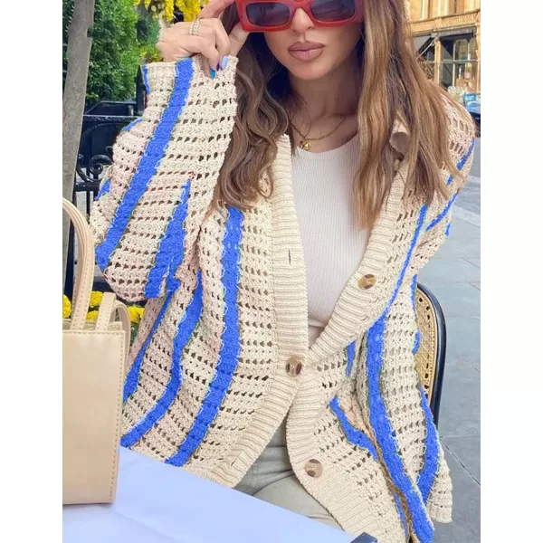 Gihuo Women' s Y2K 2 Piece Knit Outfits Striped Sweater Shorts Set Color Block Long Sleeve Button Up Shirts Shorts