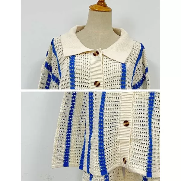 Gihuo Women' s Y2K 2 Piece Knit Outfits Striped Sweater Shorts Set Color Block Long Sleeve Button Up Shirts Shorts
