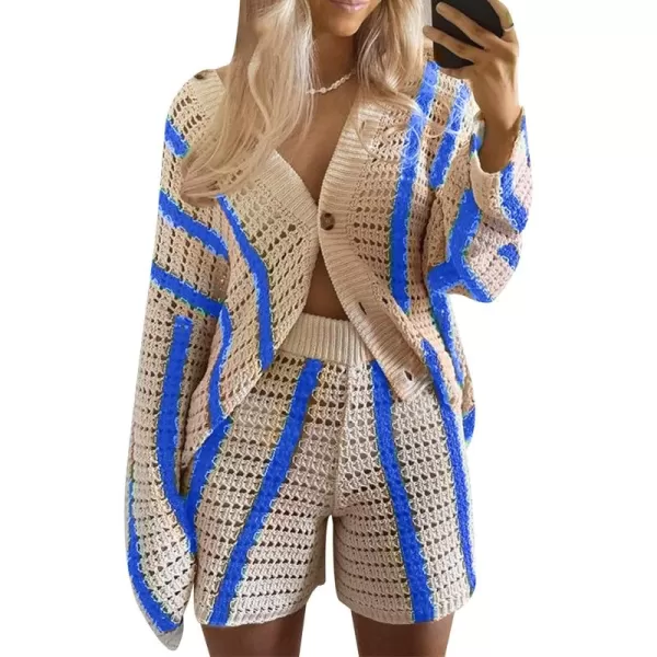 Gihuo Women' s Y2K 2 Piece Knit Outfits Striped Sweater Shorts Set Color Block Long Sleeve Button Up Shirts Shorts