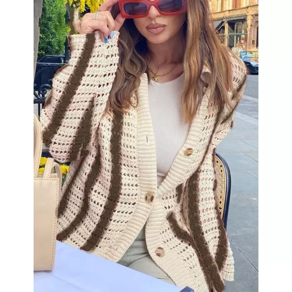 Gihuo Women' s Y2K 2 Piece Knit Outfits Striped Sweater Shorts Set Color Block Long Sleeve Button Up Shirts Shorts