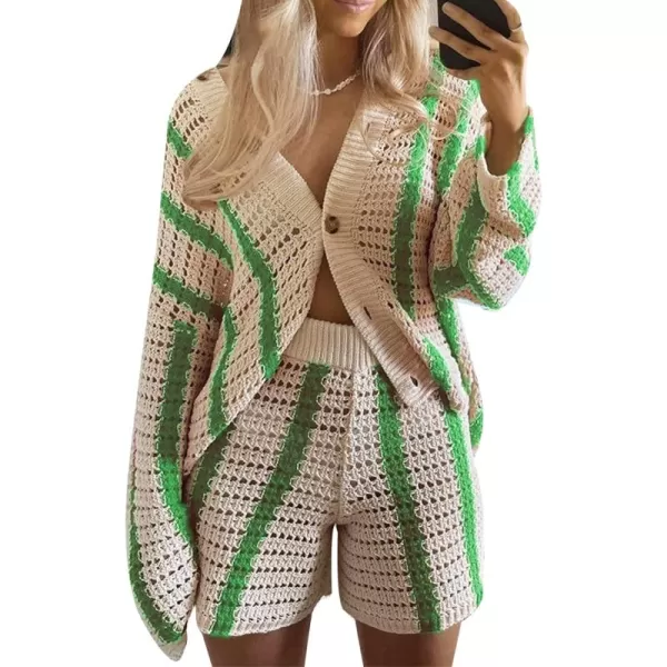 Gihuo Women' s Y2K 2 Piece Knit Outfits Striped Sweater Shorts Set Color Block Long Sleeve Button Up Shirts Shorts