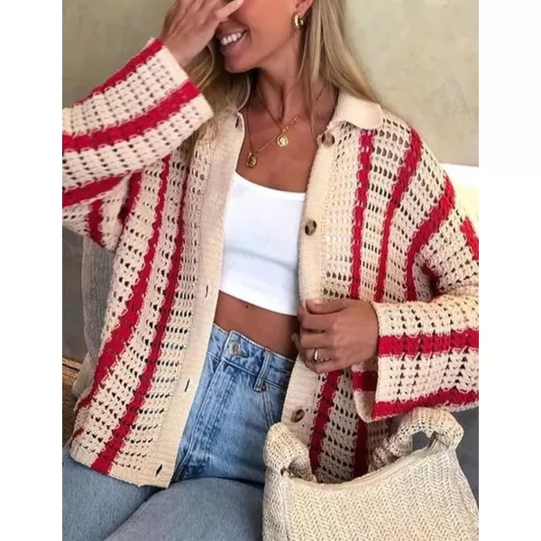 Gihuo Women' s Y2K 2 Piece Knit Outfits Striped Sweater Shorts Set Color Block Long Sleeve Button Up Shirts Shorts