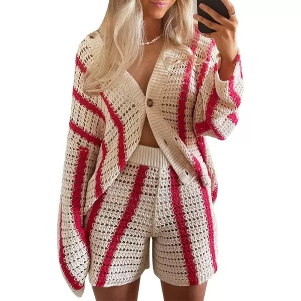 Gihuo Women' s Y2K 2 Piece Knit Outfits Striped Sweater Shorts Set Color Block Long Sleeve Button Up Shirts Shorts