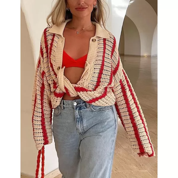 Gihuo Women' s Y2K 2 Piece Knit Outfits Striped Sweater Shorts Set Color Block Long Sleeve Button Up Shirts Shorts
